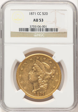 1871-CC $20 Liberty Double Eagle NGC AU53