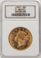 1867 $20 Liberty Double Eagle NGC MS62