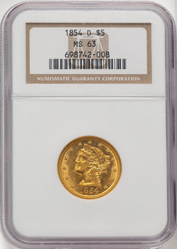 1854-D $5 Large D Liberty Half Eagle NGC MS63