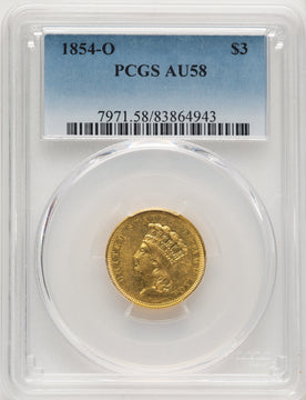 1854-O $3 Three Dollar Gold Pieces PCGS AU58 (775818013)