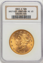 1865-S $20 Brown Label Liberty Double Eagle NGC MS65