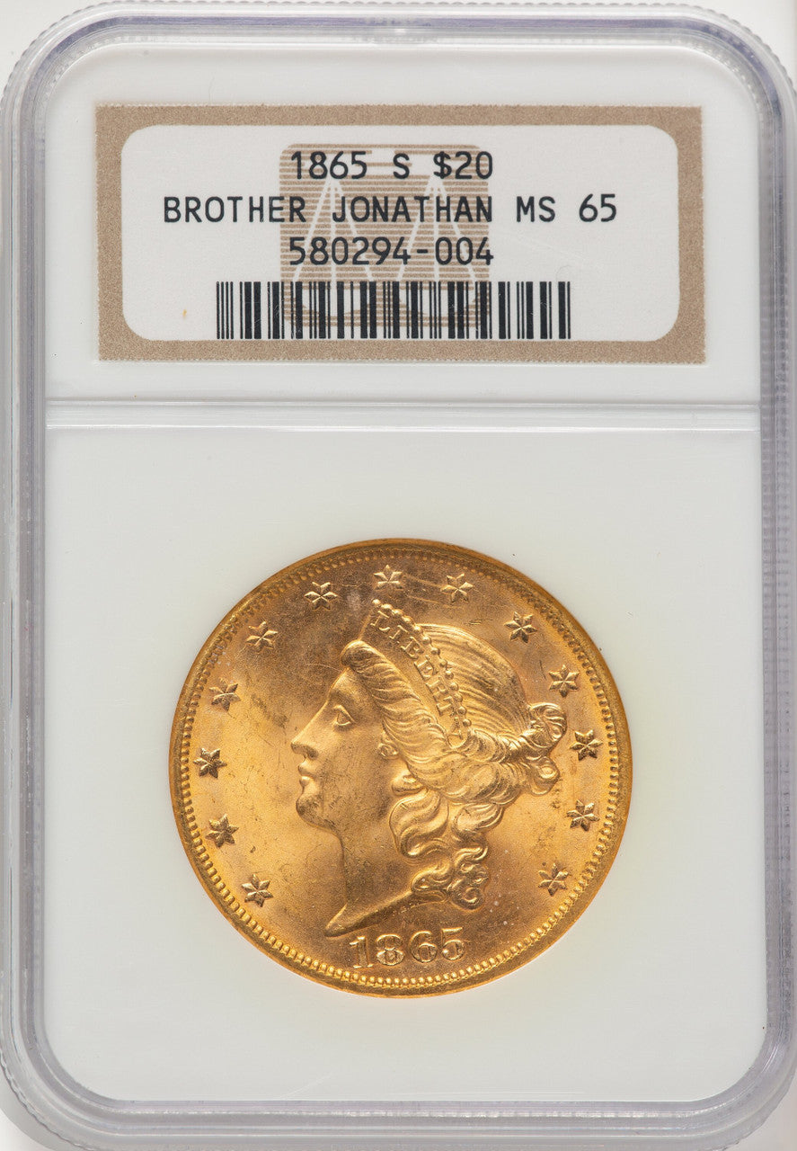 1865-S $20 Brown Label Liberty Double Eagle NGC MS65