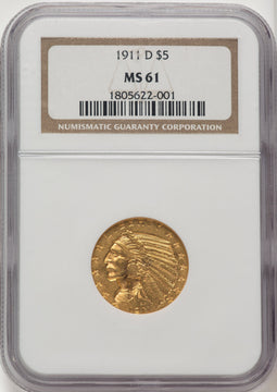 1911-D $5 Indian Half Eagle NGC MS61