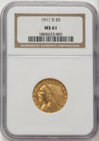 1911-D $5 Indian Half Eagle NGC MS61