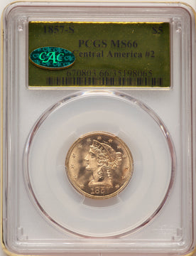 1857-S $5 S.S. Central America CAC Liberty Half Eagle PCGS MS66