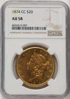 1874-CC $20 Brown Label Liberty Double Eagle NGC AU58