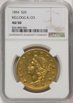 1854 $20 Kellogg & Co. Territorial Gold NGC AU50
