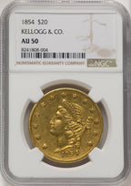 1854 $20 Kellogg & Co. Territorial Gold NGC AU50