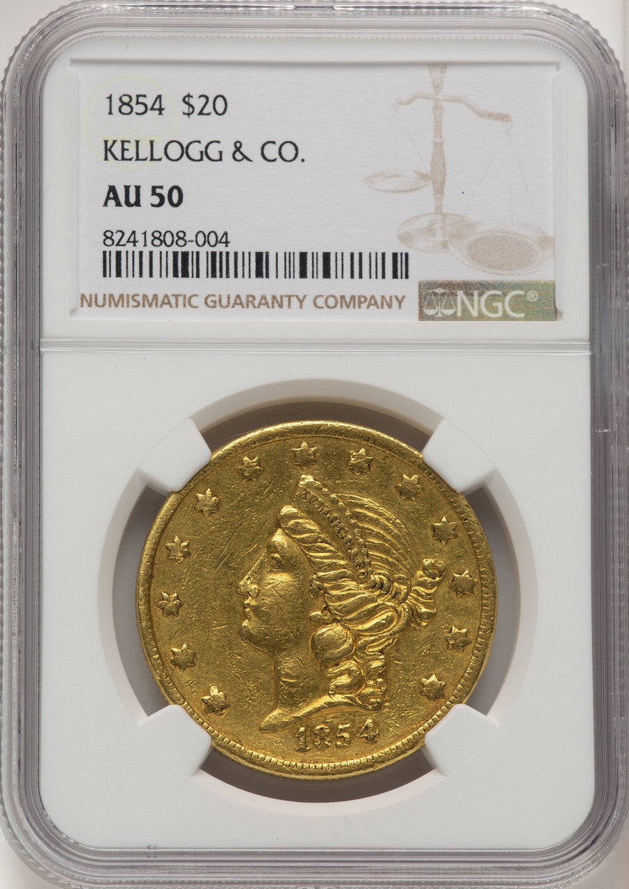 1854 $20 Kellogg & Co. Territorial Gold NGC AU50