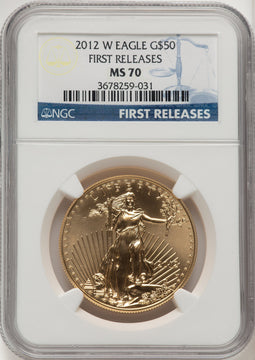 2012-W $50 One Ounce Gold Eagle FR Blue NGC MS70