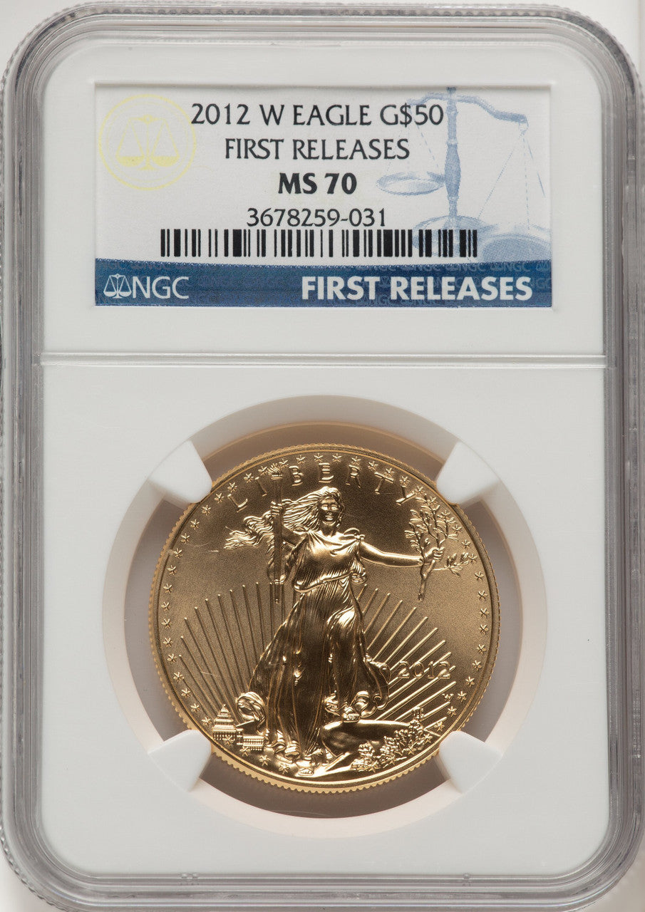 2012-W $50 One Ounce Gold Eagle FR Blue NGC MS70