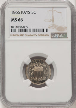 1866 5C RAYS Shield Nickel NGC MS66