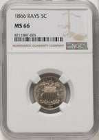 1866 5C RAYS Shield Nickel NGC MS66