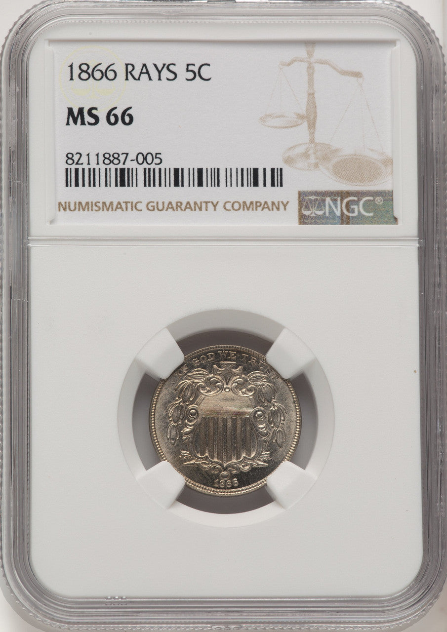 1866 5C RAYS Shield Nickel NGC MS66