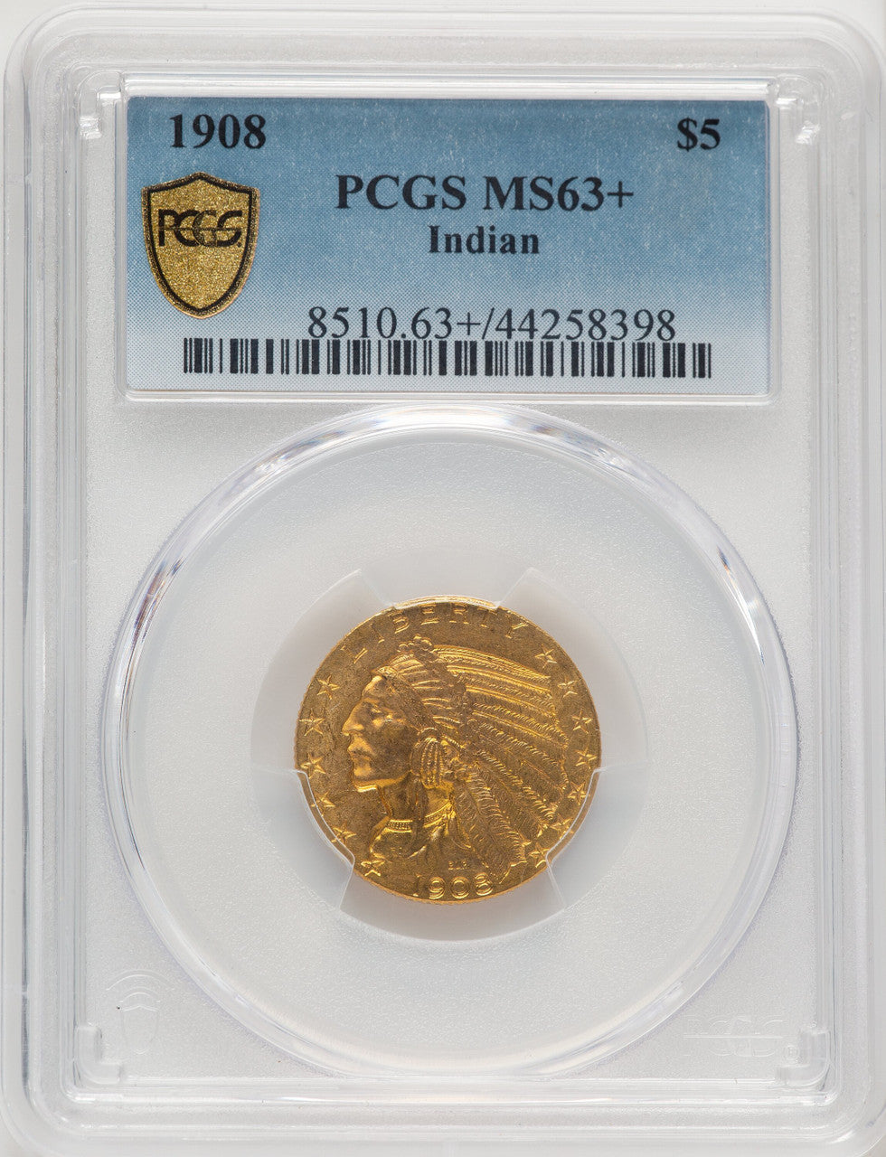 1908 $5 Indian Blue Gradient Indian Half Eagle PCGS MS63+