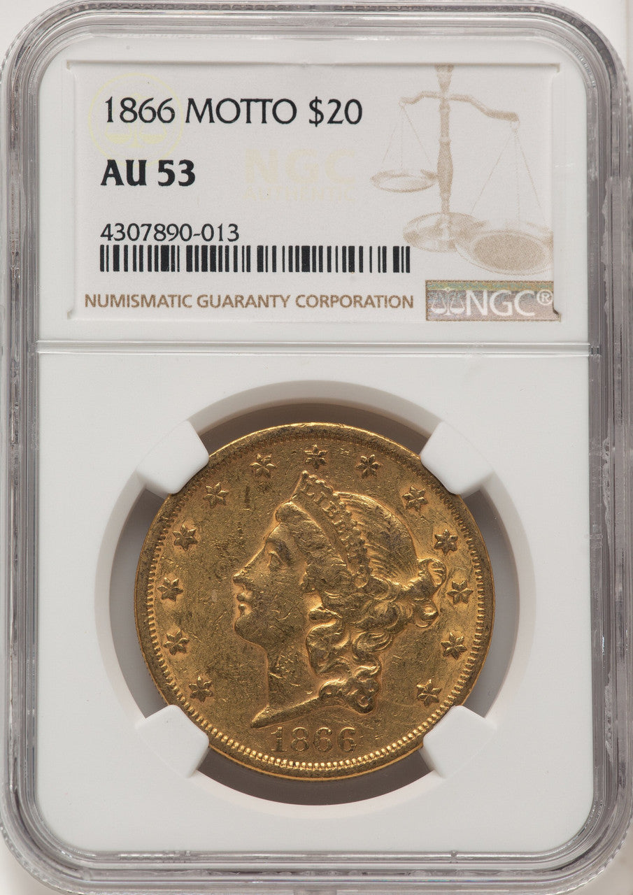 1866 $20 Brown Label Liberty Double Eagle NGC AU53