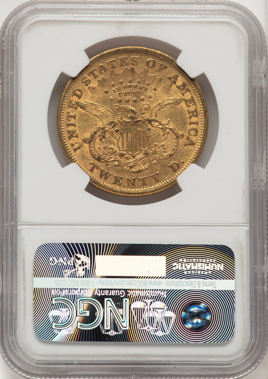 1866 $20 Brown Label Liberty Double Eagle NGC AU53