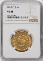 1847-O $10 Brown Label Liberty Eagle NGC AU58