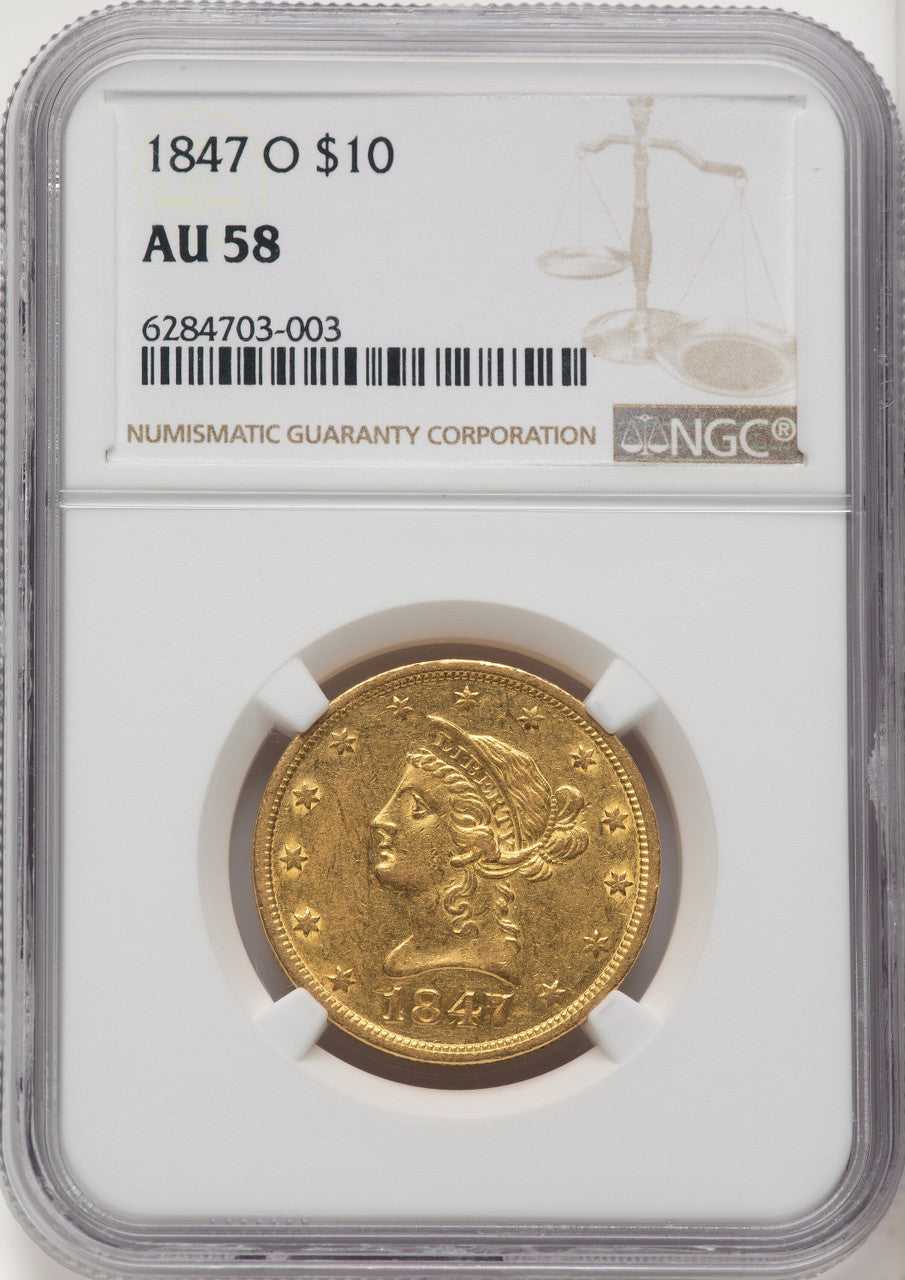 1847-O $10 Brown Label Liberty Eagle NGC AU58