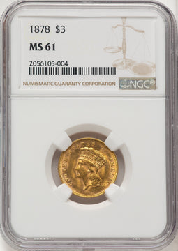 1878 $3 Brown Label Three Dollar Gold Pieces NGC MS61