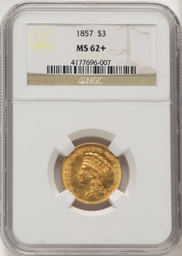 1857 $3 Brown Label Three Dollar Gold Pieces NGC MS62+