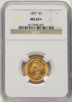 1857 $3 Brown Label Three Dollar Gold Pieces NGC MS62+