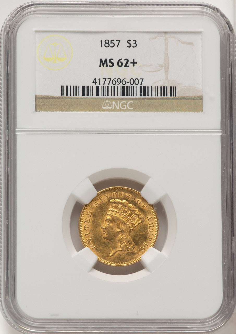1857 $3 Brown Label Three Dollar Gold Pieces NGC MS62+
