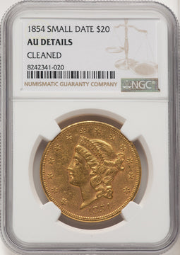 1854 $20 Small Date Liberty Double Eagle Details NGC AU50