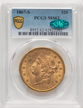 1867-S $20 CAC Liberty Double Eagle PCGS MS62
