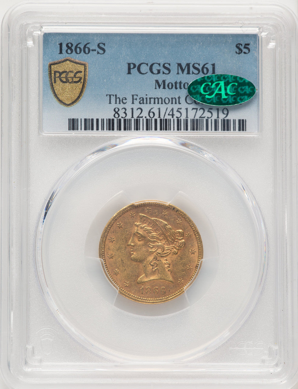 1866-S $5 MOTTO CAC Liberty Half Eagle PCGS MS61
