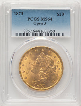 1873 $20 OPEN 3 Liberty Double Eagle PCGS MS64
