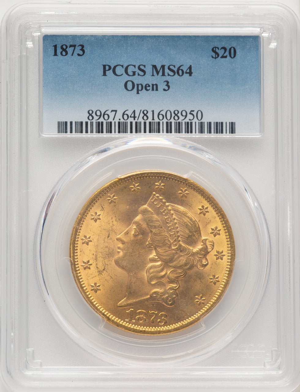1873 $20 OPEN 3 Liberty Double Eagle PCGS MS64