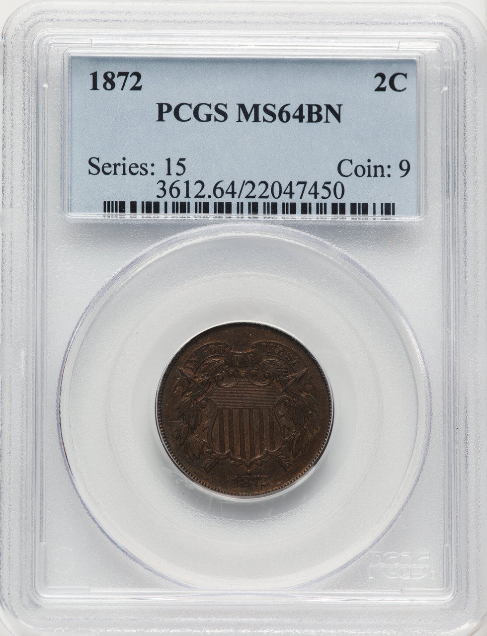 1872 2C BN Two Cent Pieces PCGS MS64