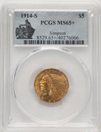 1914-S $5 Indian Half Eagle PCGS MS65+