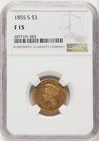 1855-S $3 Three Dollar Gold Pieces NGC 15