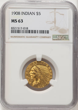 1908 $5 Indian Indian Half Eagle NGC MS63 (572251139)