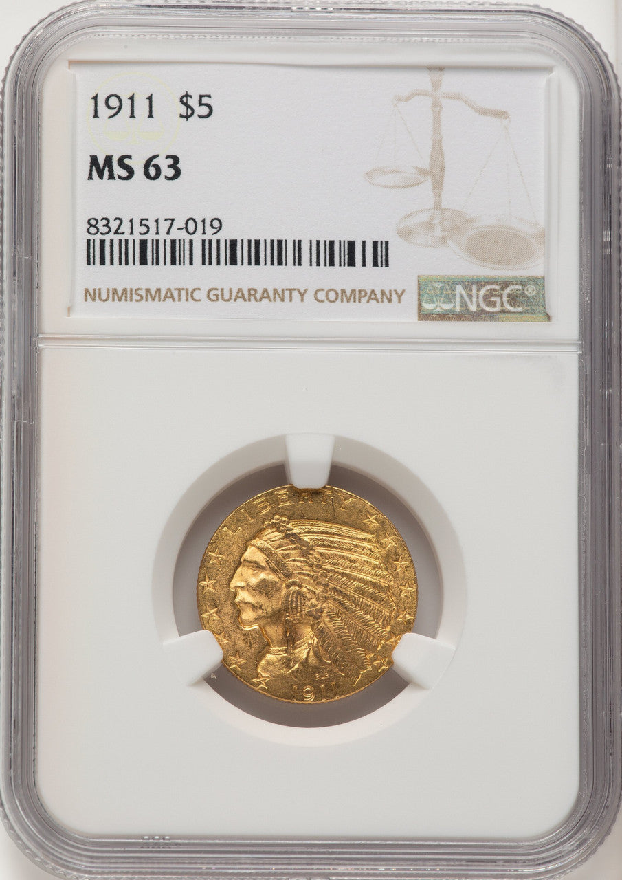 1911 $5 Indian Half Eagle NGC MS63 (572251140)