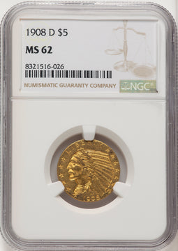 1908-D $5 Indian Half Eagle NGC MS62 (572251148)