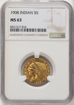 1908 $5 Indian Indian Half Eagle NGC MS63 (572251150)