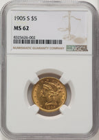 1905-S $5 Liberty Half Eagle NGC MS62