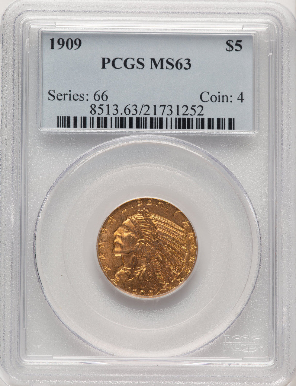 1909 $5 Indian Half Eagle PCGS MS63 (507173001)