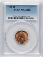1930-D 1C RD Lincoln Cent PCGS MS66