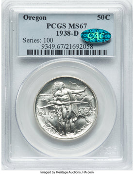 1938-D 50C Oregon CAC Commemorative Silver PCGS MS67
