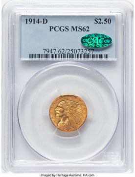 1914-D $2.50 CAC Indian Quarter Eagle PCGS MS62
