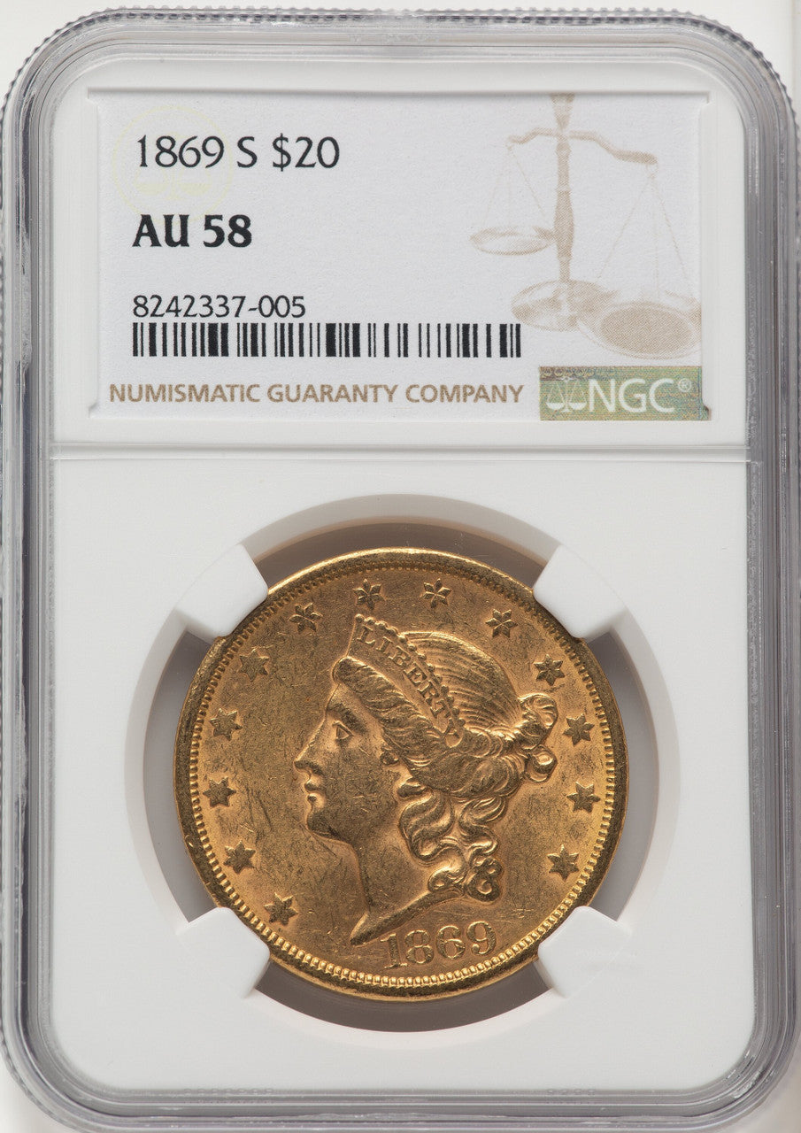 1869-S $20 CAC Liberty Double Eagle NGC AU58