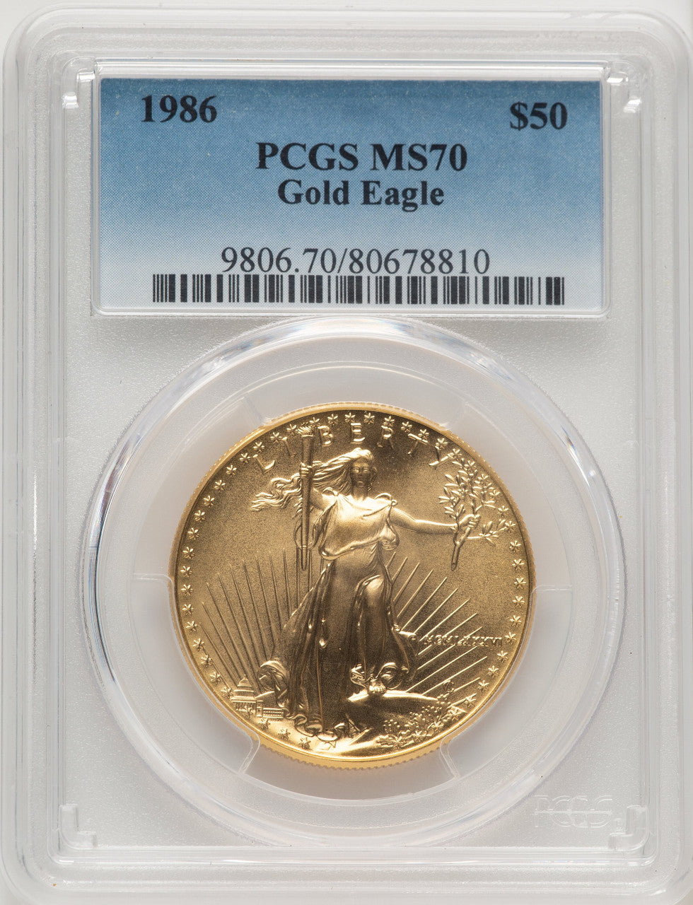 1986 $50 One-Ounce Gold Eagle Blue Gradient PCGS MS70