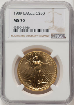 1989 $50 One-Ounce Gold Eagle Brown Label NGC MS70 (763598001)