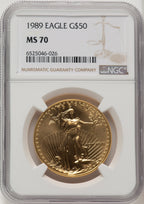 1989 $50 One-Ounce Gold Eagle Brown Label NGC MS70 (763598001)