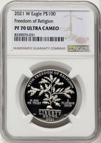 2021-W $100 One-Ounce Platinum Eagle Freedom of Religion Brown Label NGC PF70 (520703050)