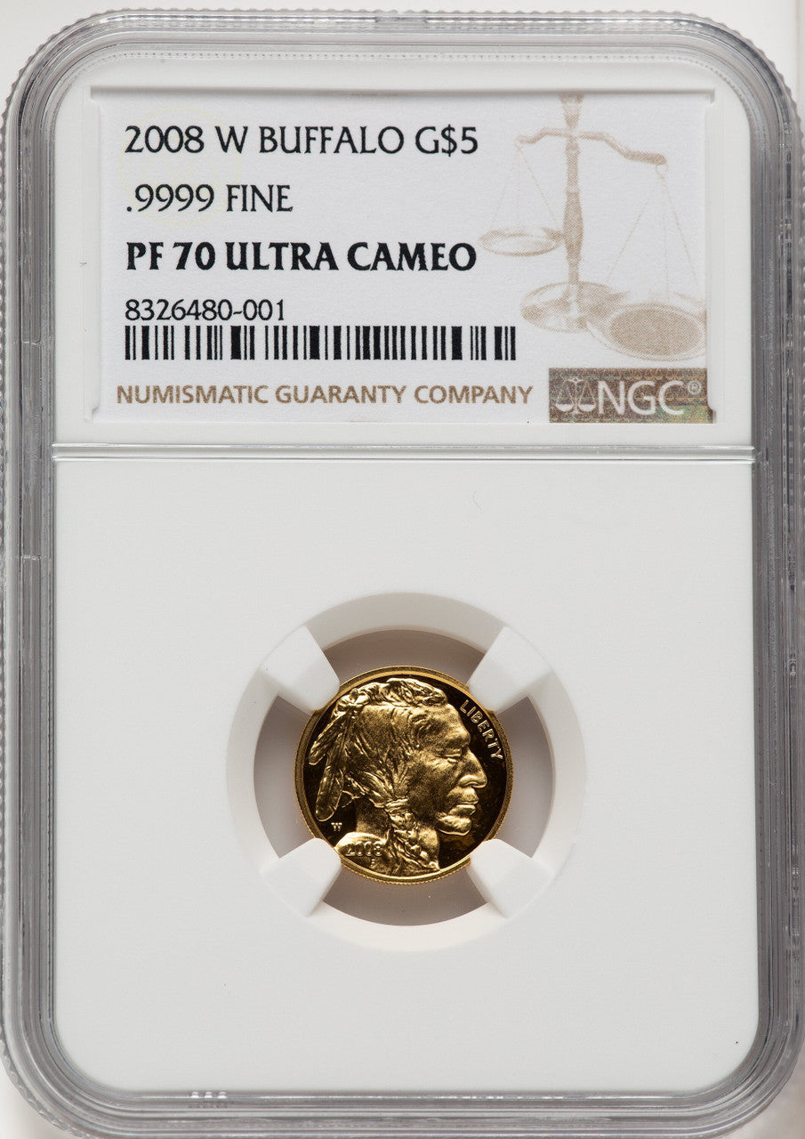 2008-W $5 Tenth-Ounce Gold Buffalo .9999 Fine Gold Brown Label NGC PF70 (776174020)